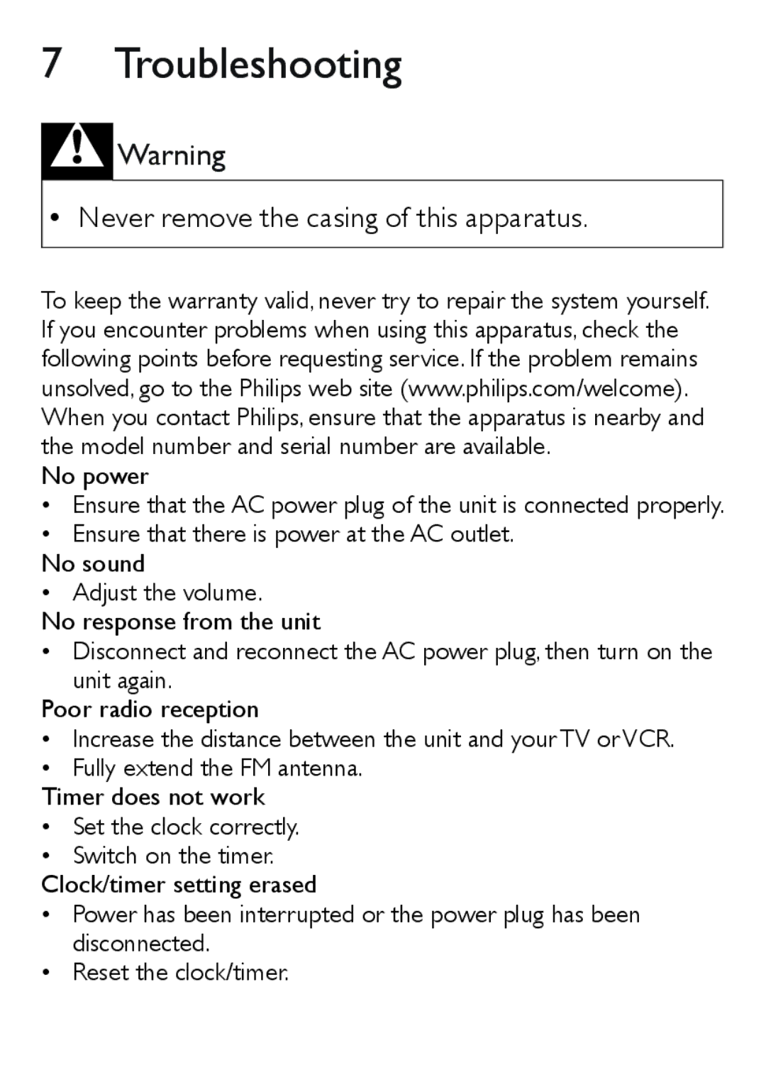 Philips AJ3551/12 user manual Troubleshooting, Never remove the casing of this apparatus 