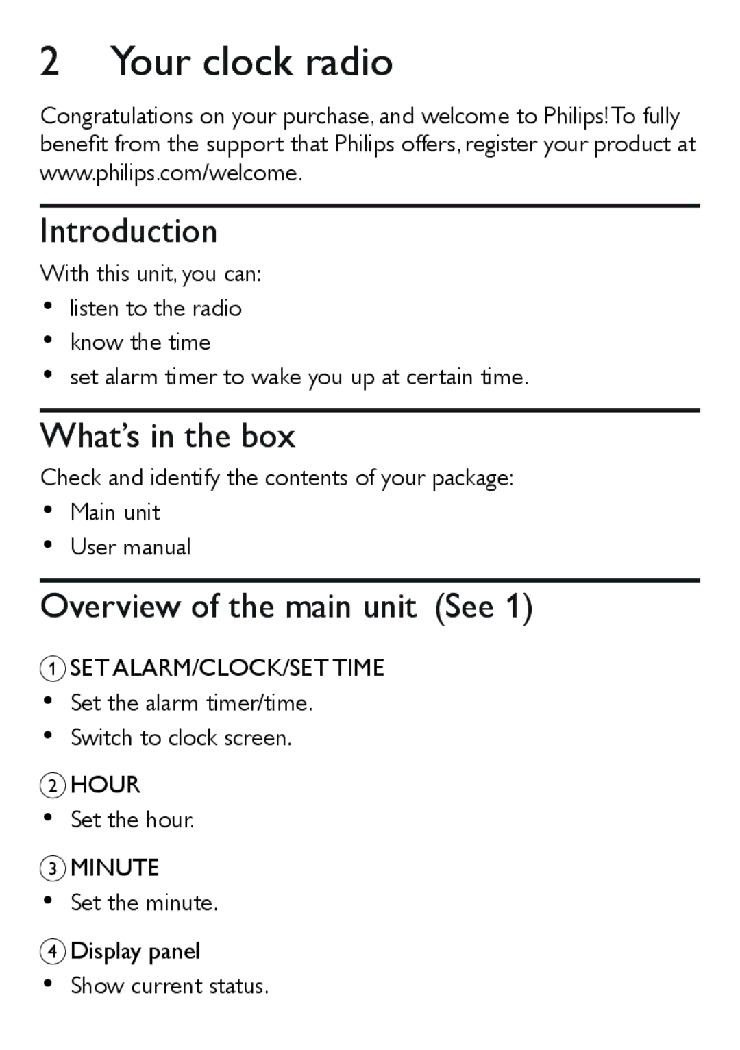 Philips AJ3551/12 user manual Your clock radio, Introduction, What’s in the box, Overview of the main unit See 