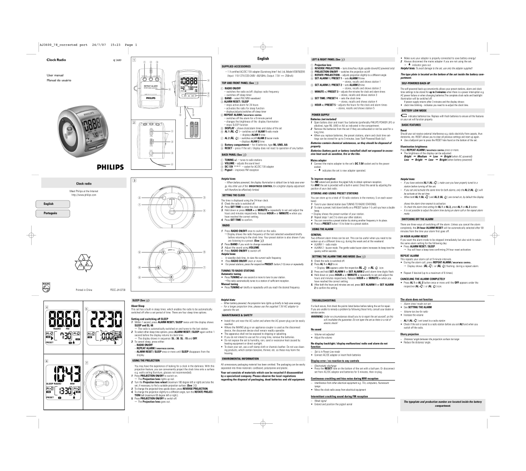 Philips AJ3600/78 user manual Supplied Accessories, Radio ON/OFF, Alarm Reset / Sleep, Power Supply, Basic Features 