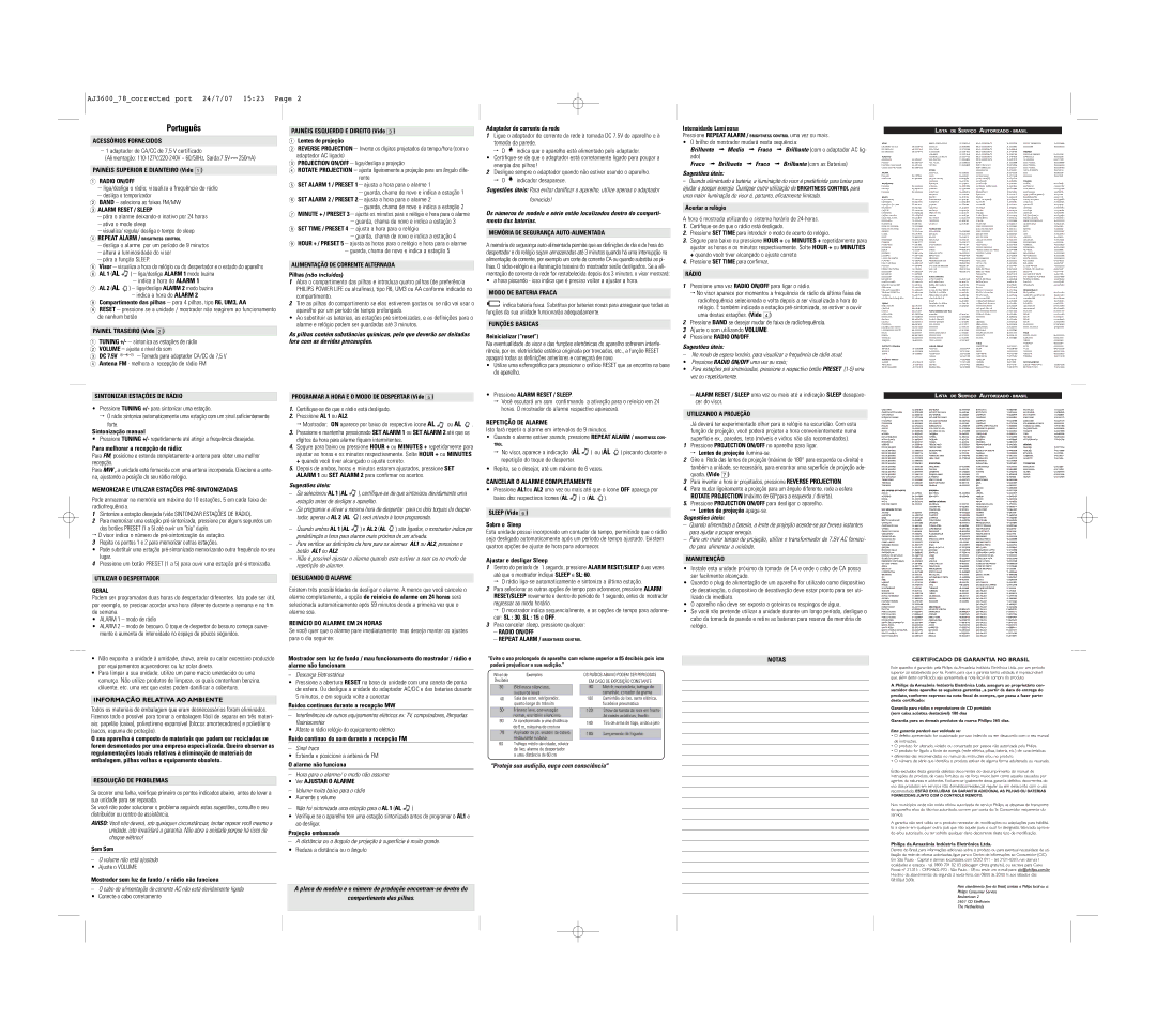 Philips AJ3600/78 Acessórios Fornecidos, Memória DE Segurança AUTO-ALIMENTADA, Alimentação DE Corrente Alternada, Rádio 
