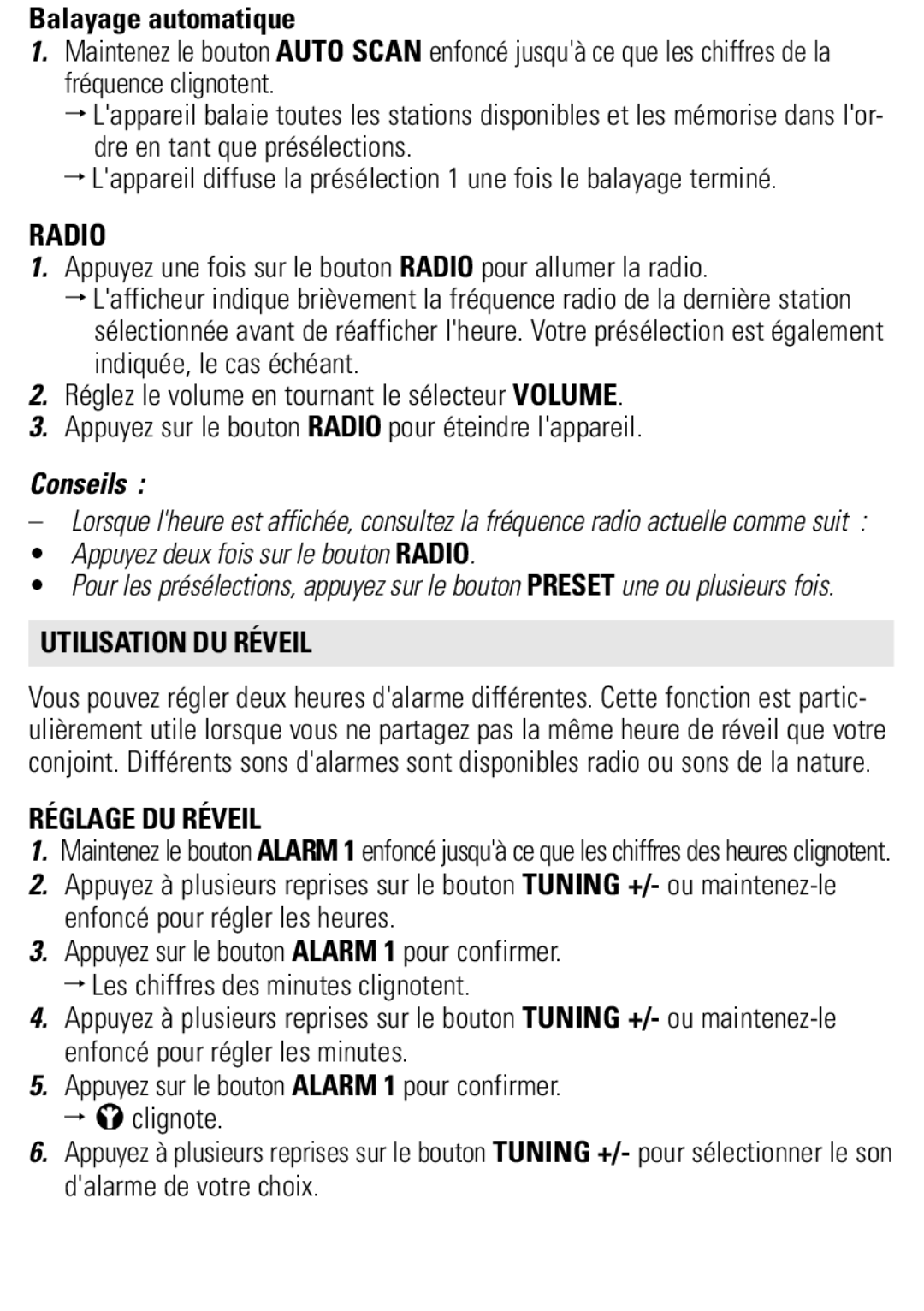 Philips AJ3650 user manual Balayage automatique, Appuyez une fois sur le bouton Radio pour allumer la radio, Conseils 