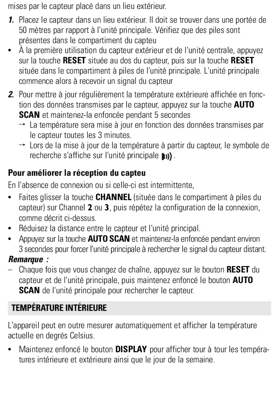 Philips AJ3650 user manual Pour améliorer la réception du capteu, Remarque, Température Intérieure 