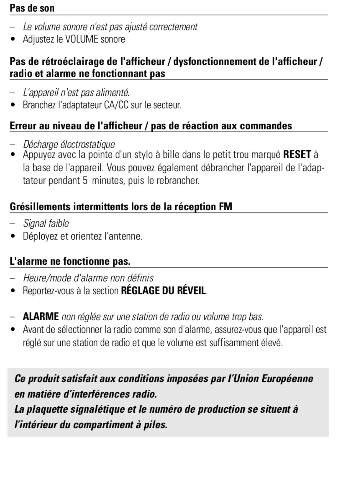 Philips AJ3650 user manual Pas de son, Grésillements intermittents lors de la réception FM, Lalarme ne fonctionne pas 