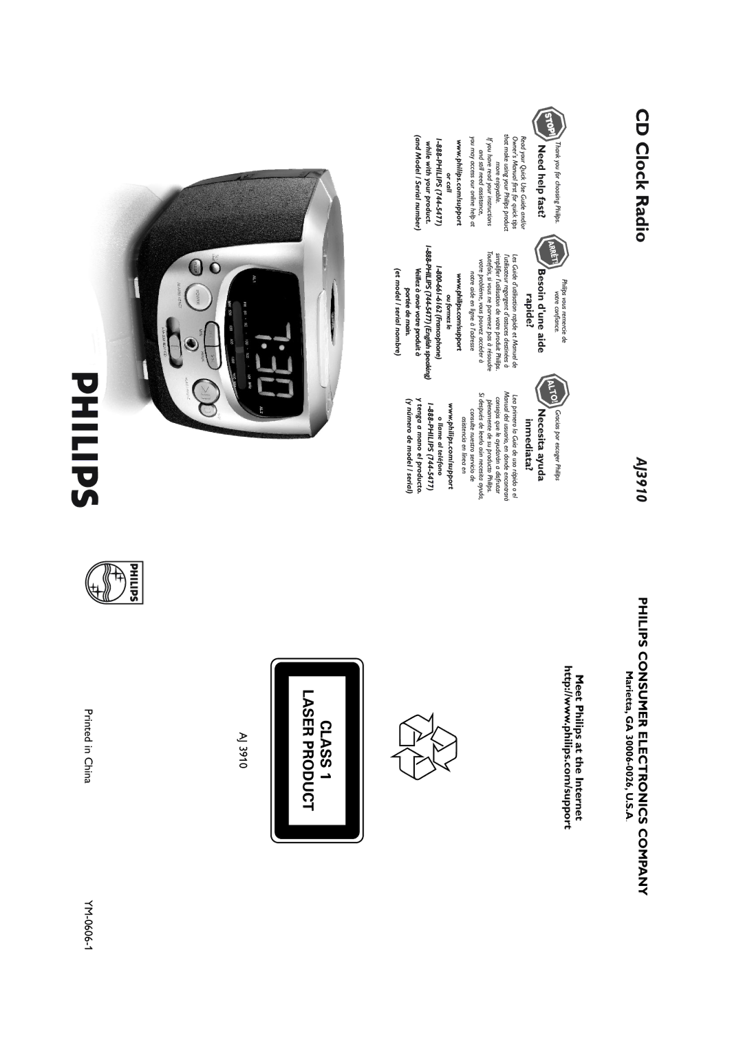 Philips AJ3910 owner manual CD Clock Radio, Meet Philips at the Internet, Marietta, GA 30006-0026, U.S.A, YM-0606-1 