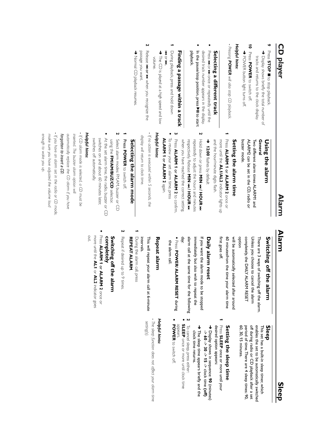 Philips AJ3910 owner manual CD player Alarm Sleep, Using the alarm, Switching off the alarm 