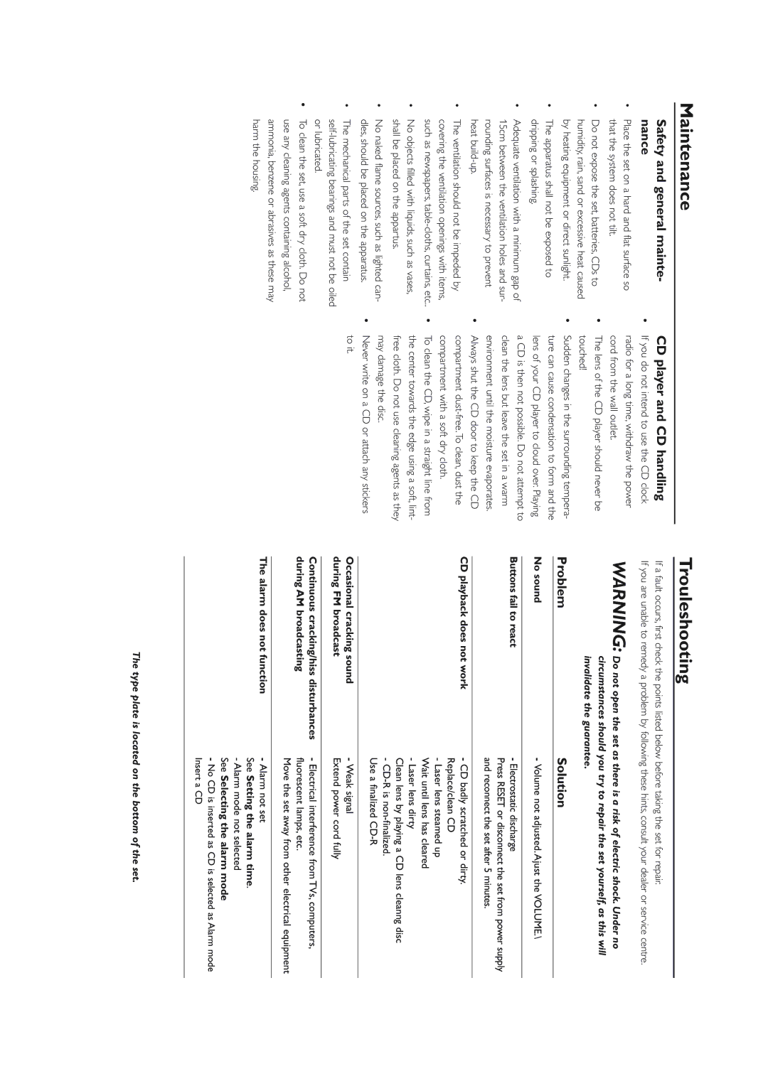 Philips AJ3910 Maintenance Trouleshooting, Safety and general mainte- nance, CD player and CD handling, Problem Solution 