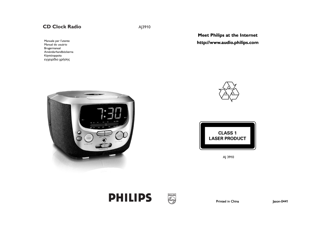 Philips AJ3910 manual Meet Philips at the Internet, Class Laser Product, Âá¯Âèú›‰Èô ¯Ú‹Ûë˜, CD Clock Radio, Jason-0441 