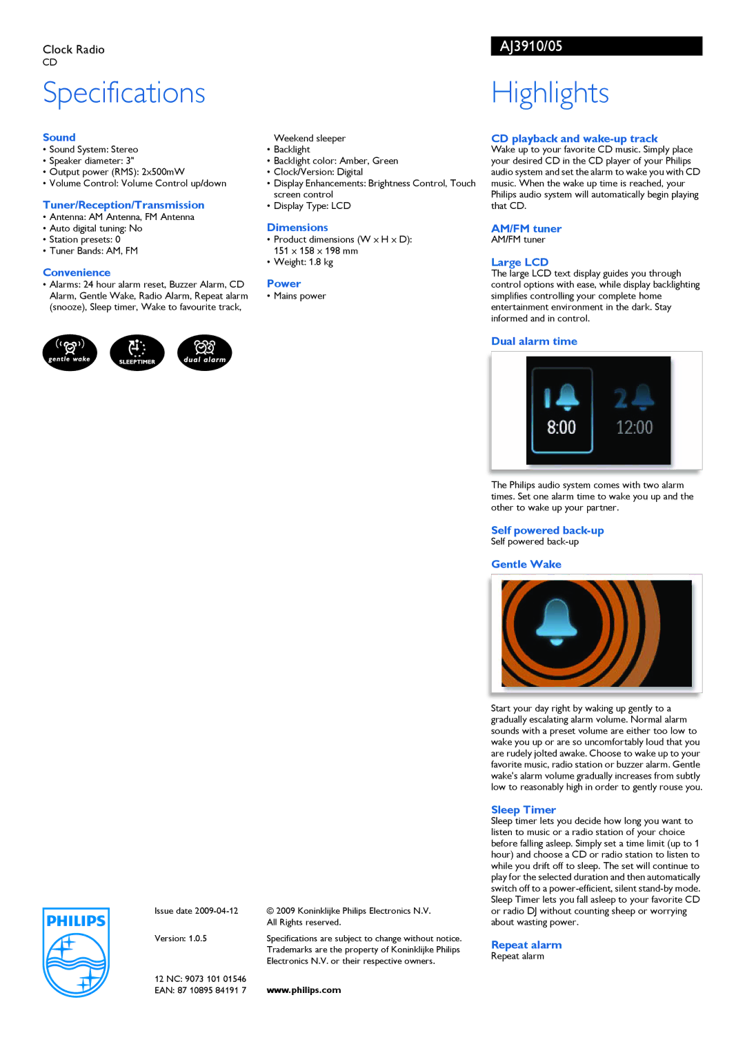 Philips AJ3910/05 Sound, CD playback and wake-up track, Tuner/Reception/Transmission, Dimensions AM/FM tuner, Large LCD 