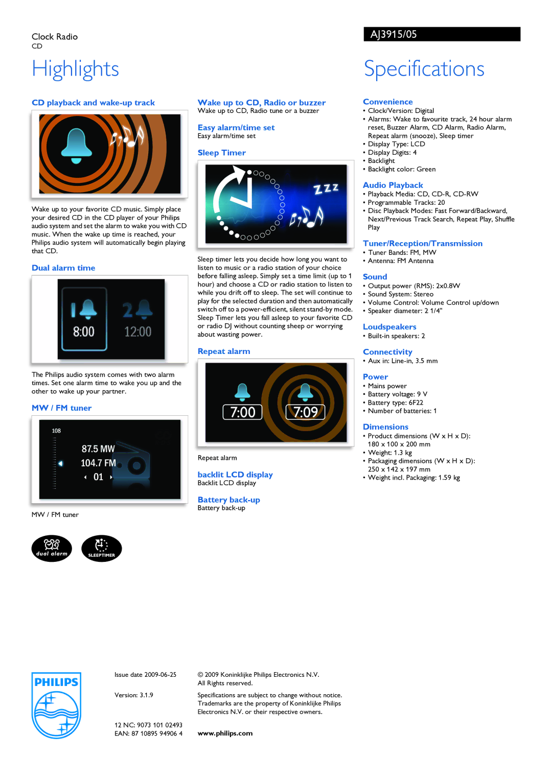 Philips AJ3915 CD playback and wake-up track, Dual alarm time Wake up to CD, Radio or buzzer, Easy alarm/time set, Sound 