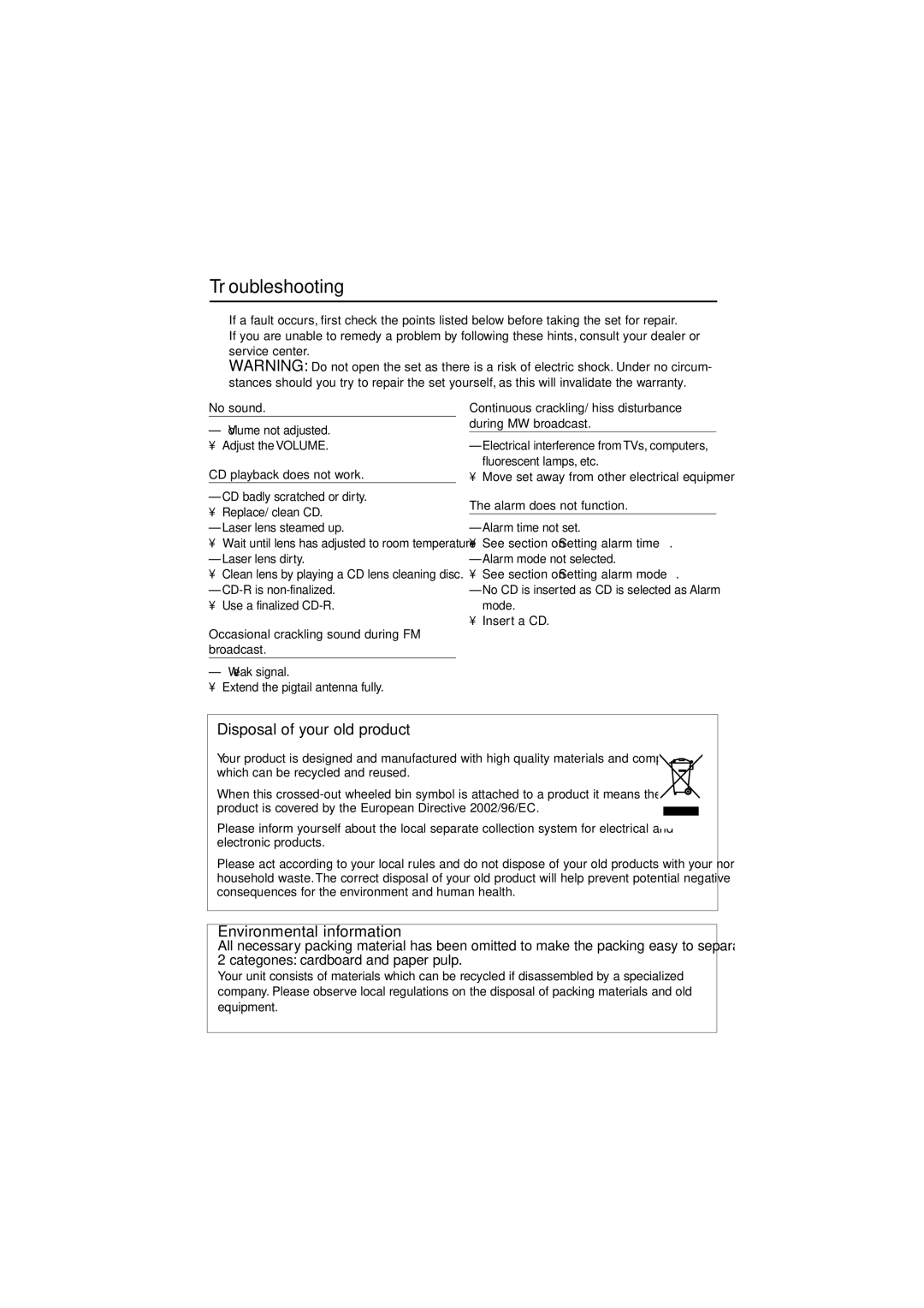 Philips AJ3915 user manual Troubleshooting, Disposal of your old product, Environmental information 