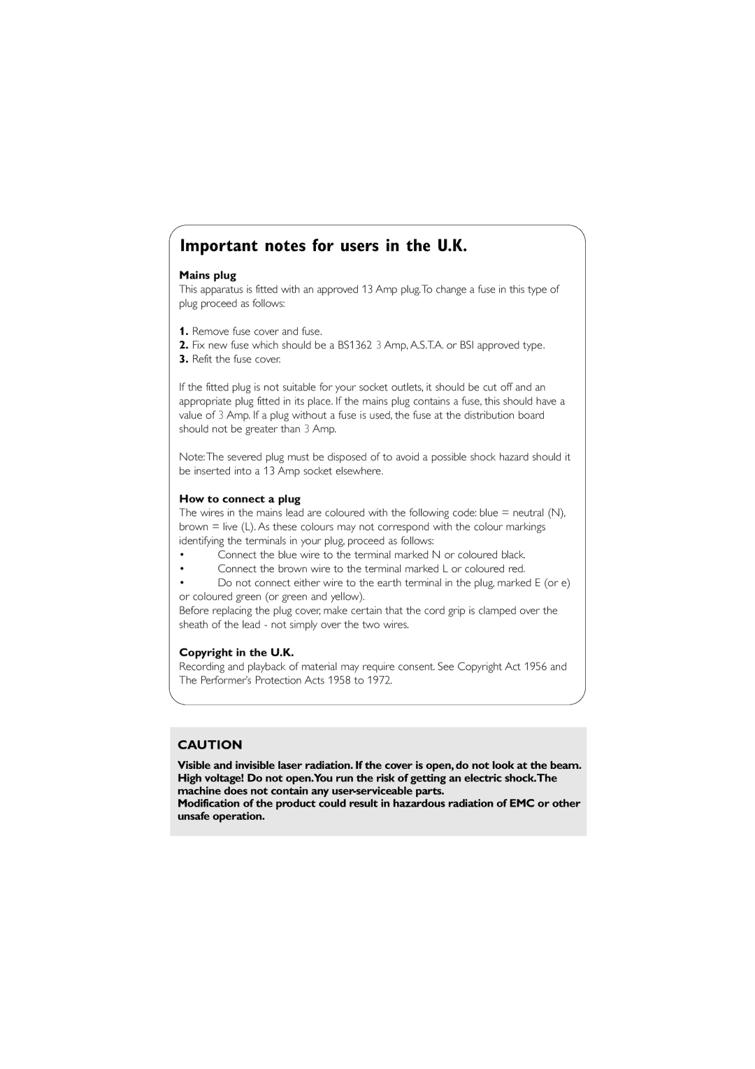 Philips AJ3915 user manual Important notes for users in the U.K 