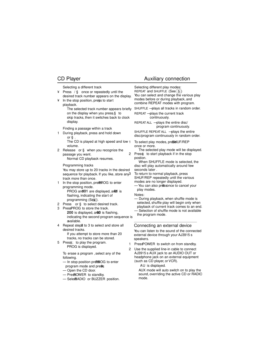 Philips AJ3915 user manual Auxiliary connection, Connecting an external device 