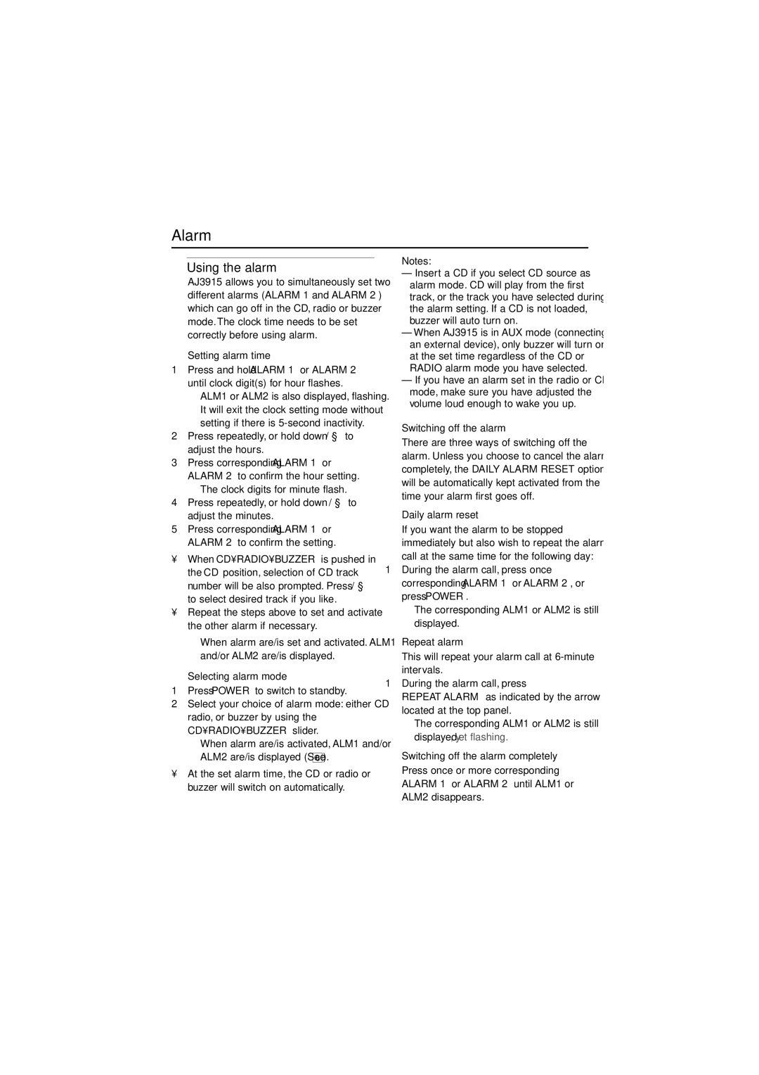 Philips AJ3915 user manual Alarm, Using the alarm 