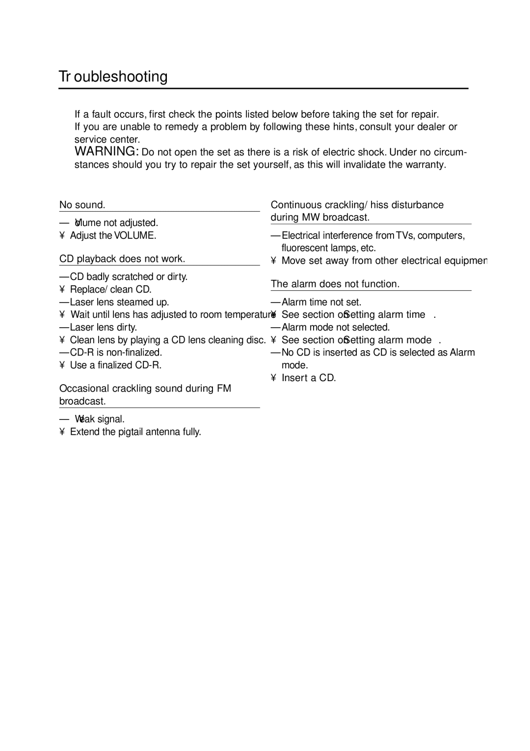 Philips AJ3915CD user manual Troubleshooting 