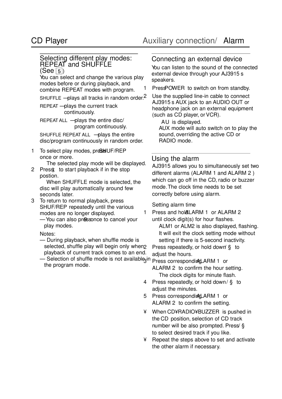 Philips AJ3915CD Selecting different play modes Repeat and Shuffle See, Connecting an external device, Using the alarm 