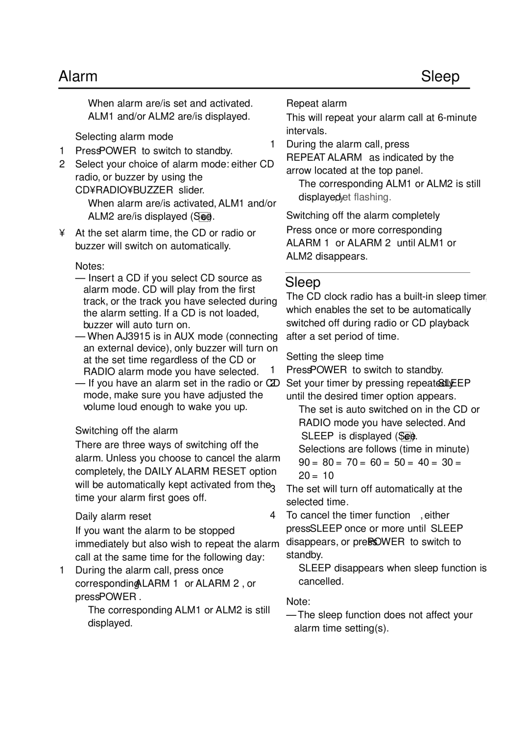 Philips AJ3915CD user manual Alarm Sleep 