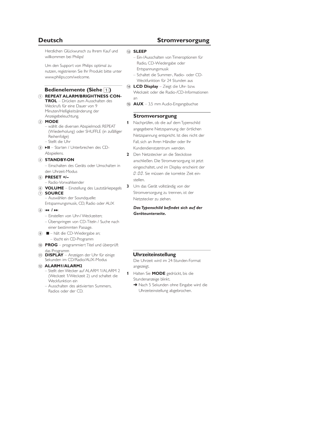 Philips AJ3916CD user manual Deutsch, Stromversorgung, Bedienelemente Siehe, Uhrzeiteinstellung 