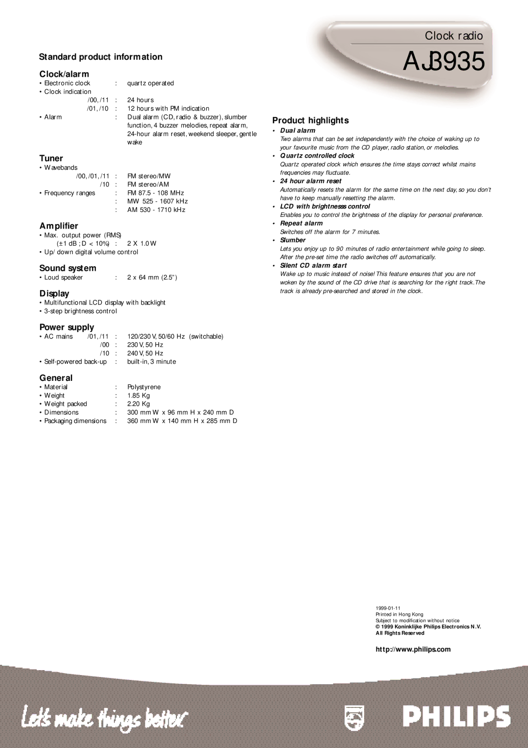 Philips AJ3935/11 Standard product information Clock/alarm, Tuner, Amplifier, Sound system, Display, Power supply, General 