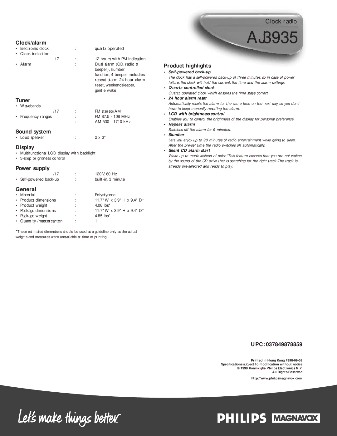 Philips AJ3935/17 manual Clock/alarm, Tuner, Sound system, Display, Power supply, General, Product highlights, Upc 