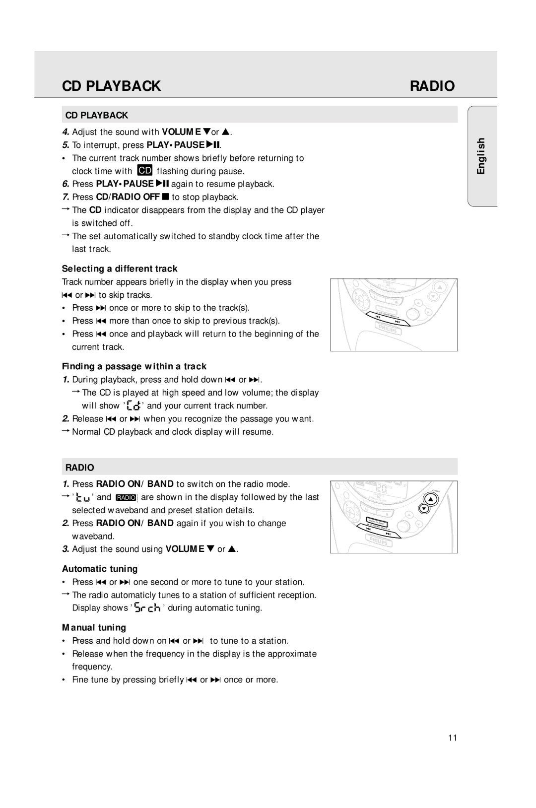 Philips AJ3965 manual CD Playback, Radio 