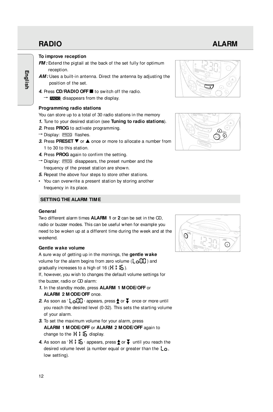 Philips AJ3965 manual Radio, Setting the Alarm Time 