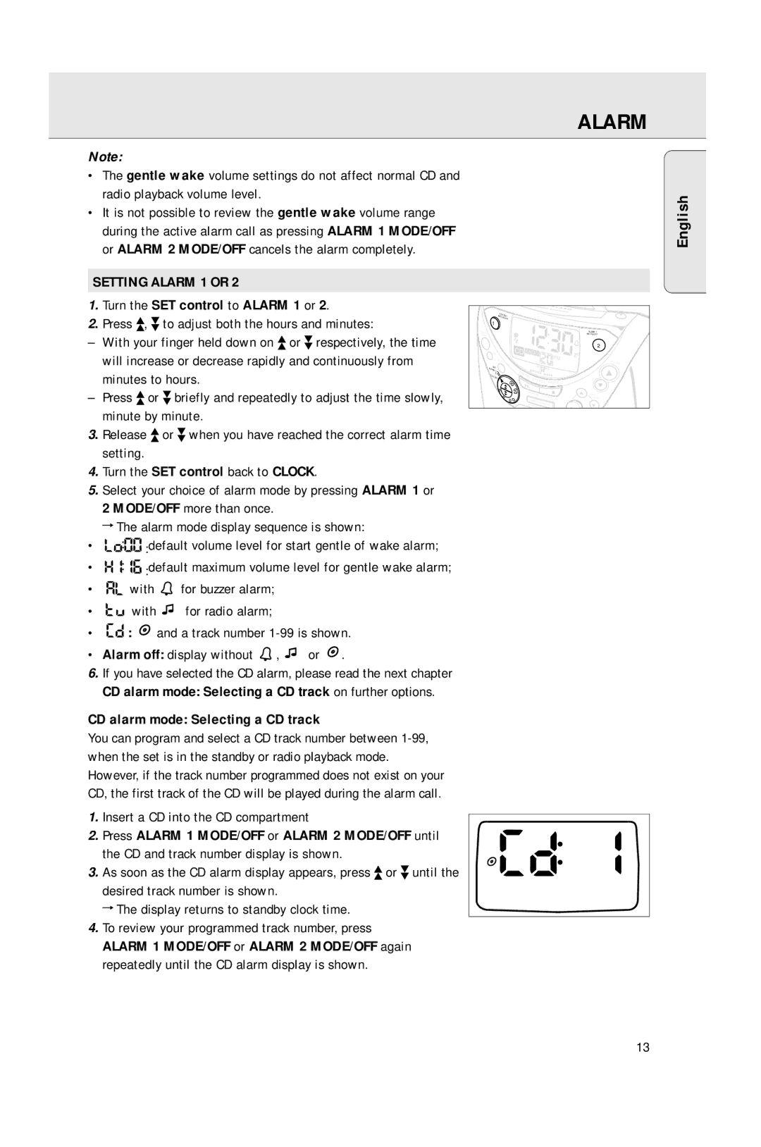 Philips AJ3965 manual Setting Alarm 1 or, Turn the SET control to Alarm 1 or, CD alarm mode Selecting a CD track 