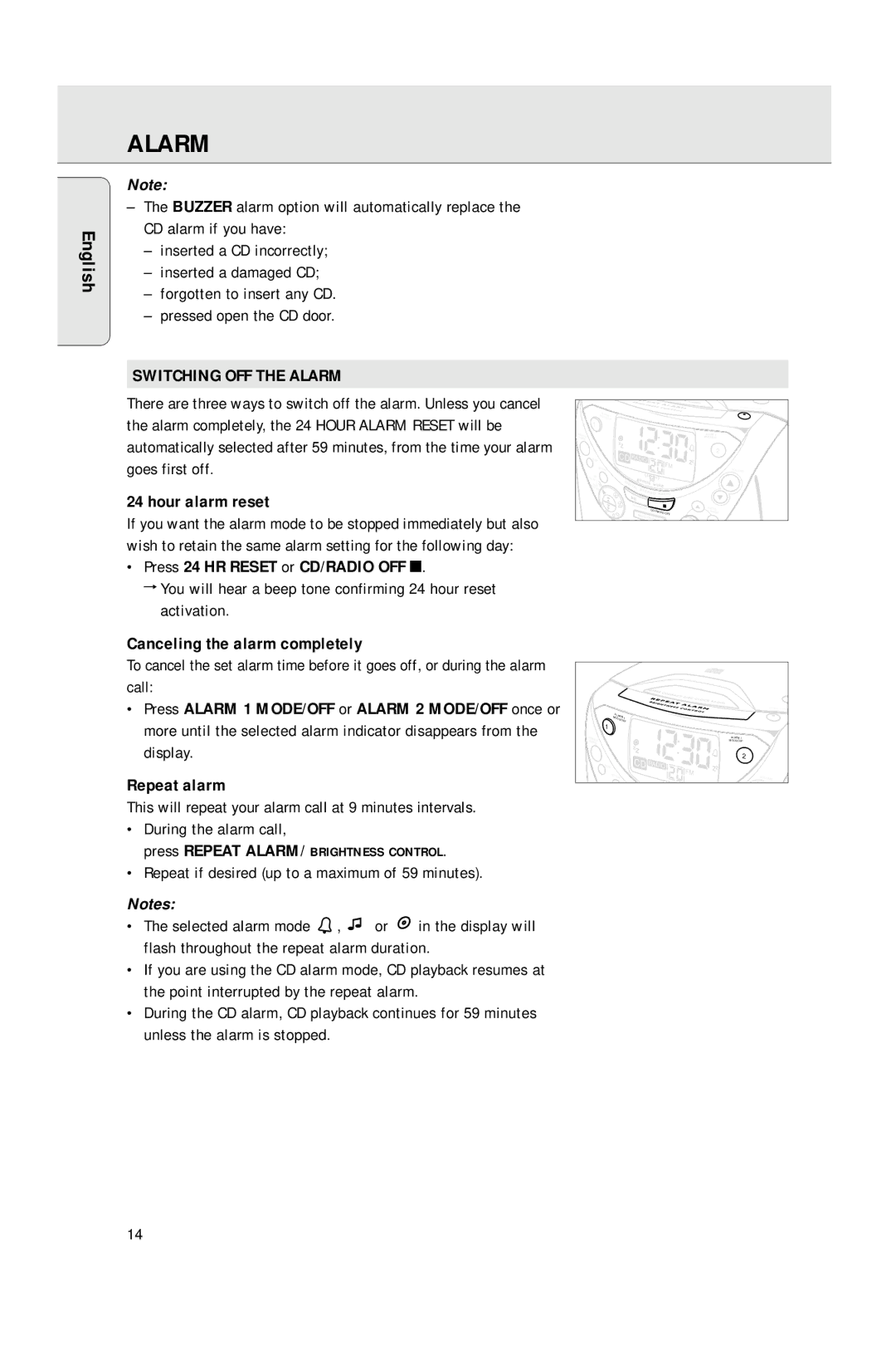 Philips AJ3965 manual Switching OFF the Alarm, Hour alarm reset, Press 24 HR Reset or CD/RADIO OFF 