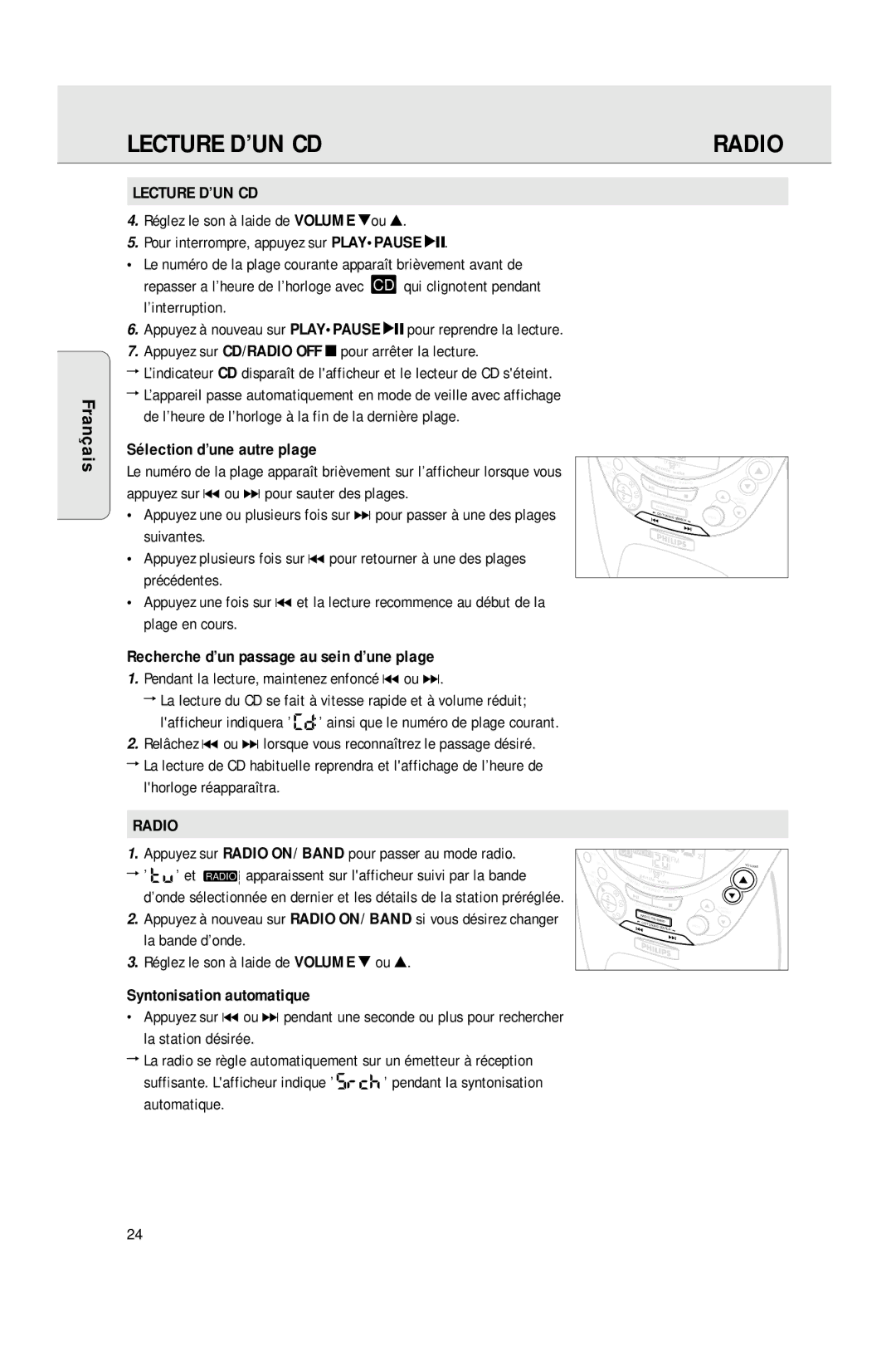 Philips AJ3965 manual Lecture D’UN CD, Sélection d’une autre plage, Recherche d’un passage au sein d’une plage 