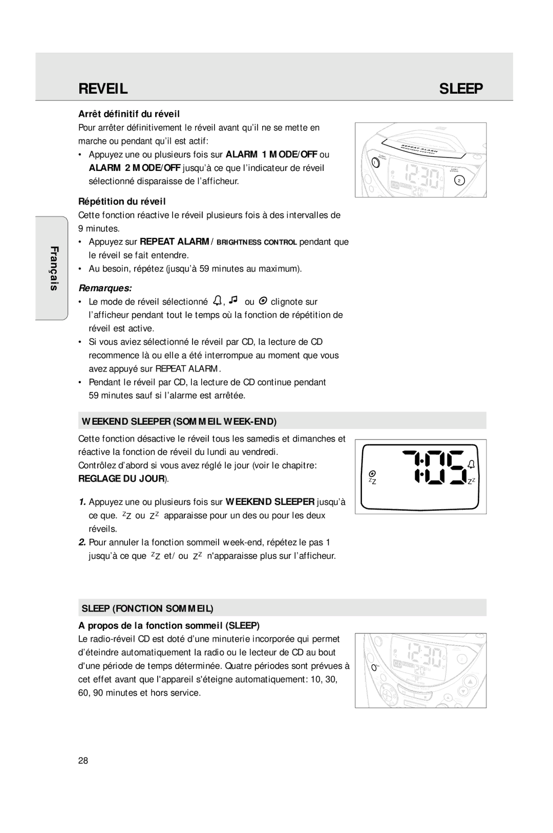 Philips AJ3965 Arrêt définitif du réveil, Répétition du réveil, Weekend Sleeper Sommeil WEEK-END, Sleep Fonction Sommeil 