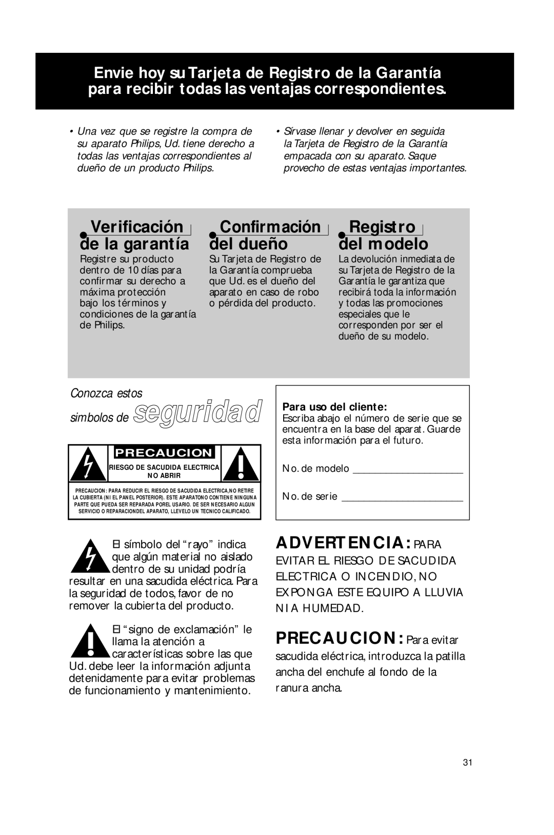 Philips AJ3965 manual Advertencia Para, Para uso del cliente, No. de modelo No. de serie 