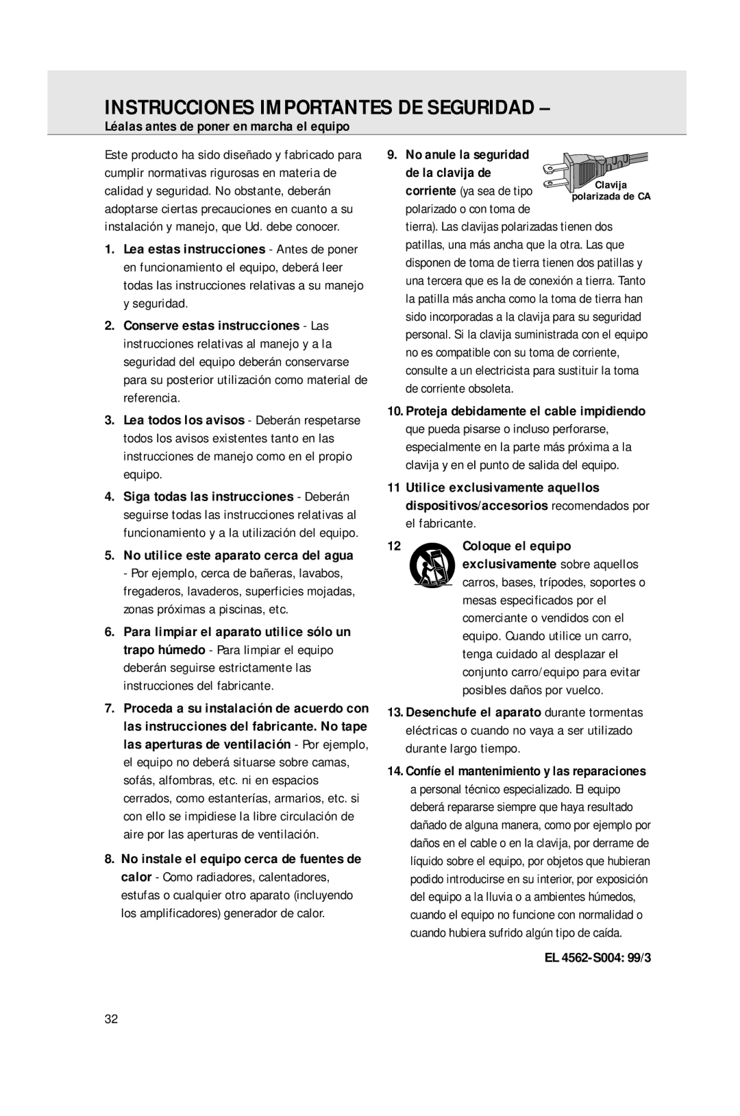 Philips AJ3965 manual Instrucciones Importantes DE Seguridad, Léalas antes de poner en marcha el equipo, EL 4562-S004 99/3 