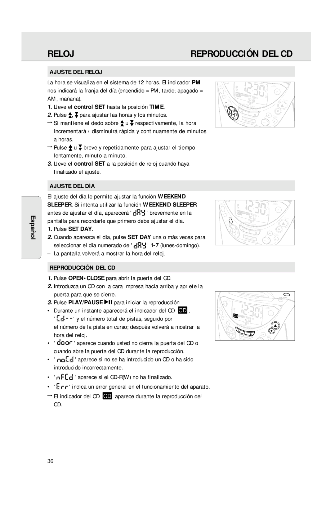 Philips AJ3965 manual Ajuste DEL Reloj, Ajuste DEL DÍA, Reproducción DEL CD 