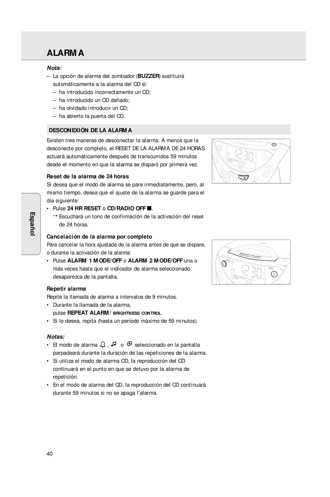 Philips AJ3965 Desconexión DE LA Alarma, Reset de la alarma de 24 horas, Pulse 24 HR Reset o CD/RADIO OFF, Repetir alarma 