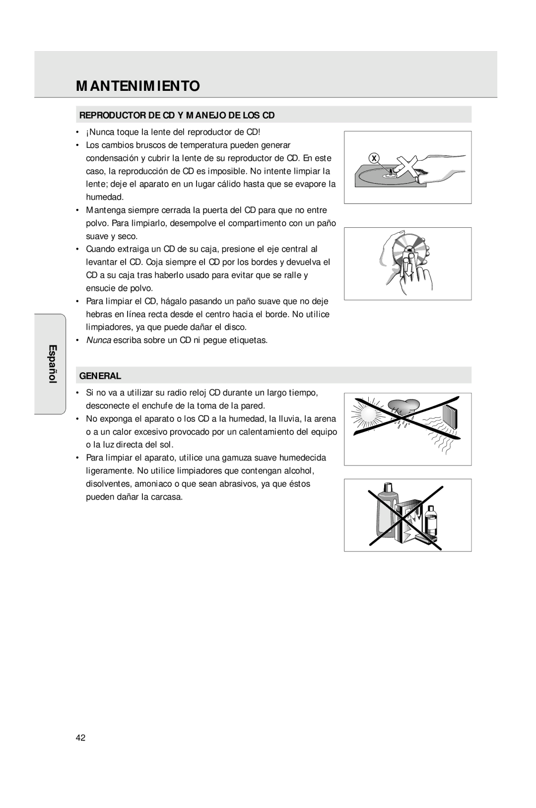 Philips AJ3965 manual Mantenimiento, Reproductor DE CD Y Manejo DE LOS CD 