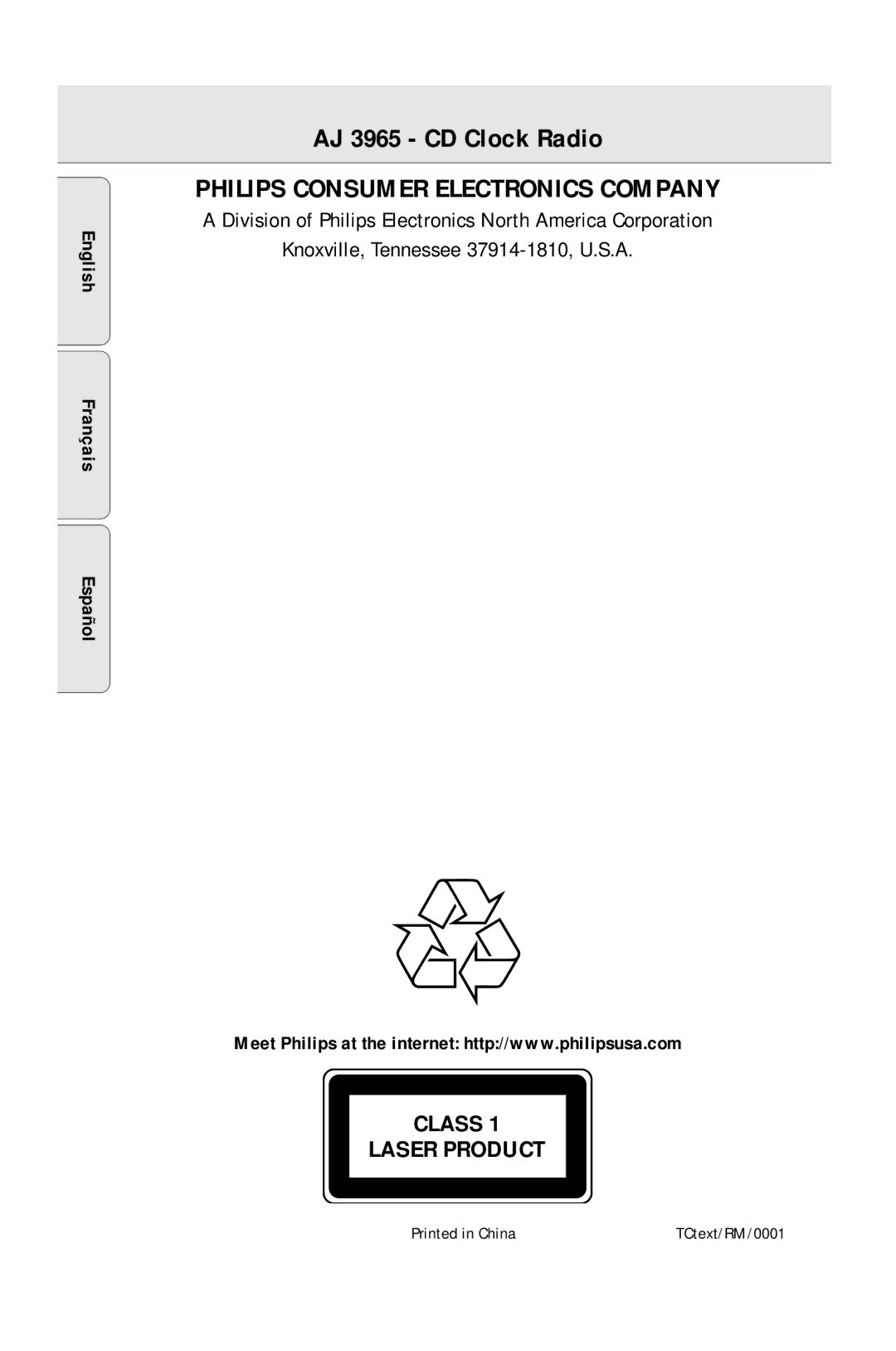 Philips AJ3965 manual AJ 3965 CD Clock Radio, TCtext/RM/0001 