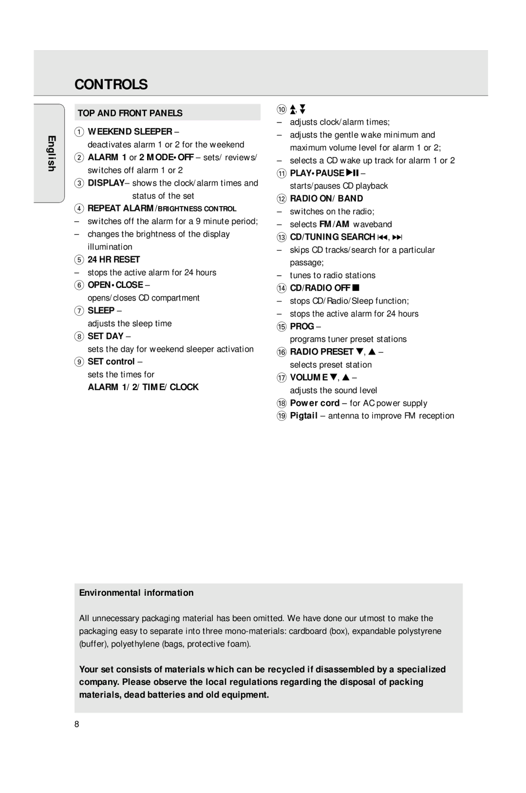 Philips AJ3965 manual Controls 