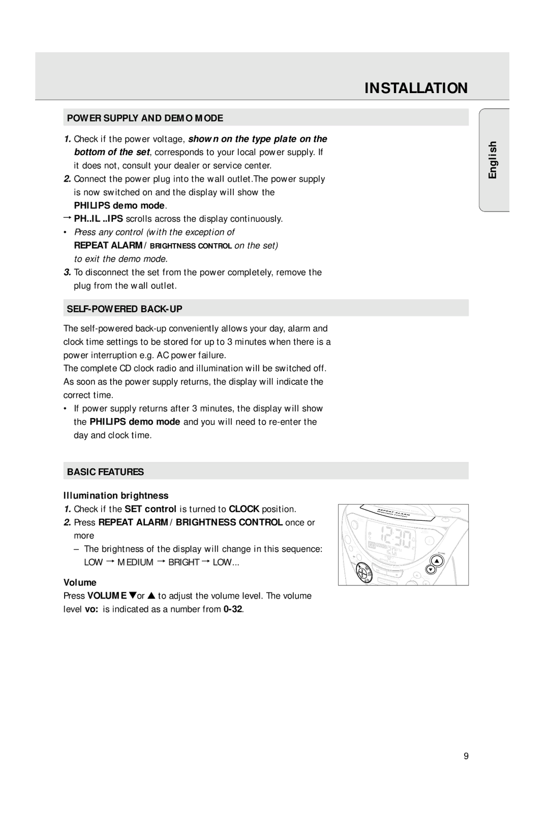 Philips AJ3965 manual Installation, Power Supply and Demo Mode, Self-Powered Back-Up, Basic Features 