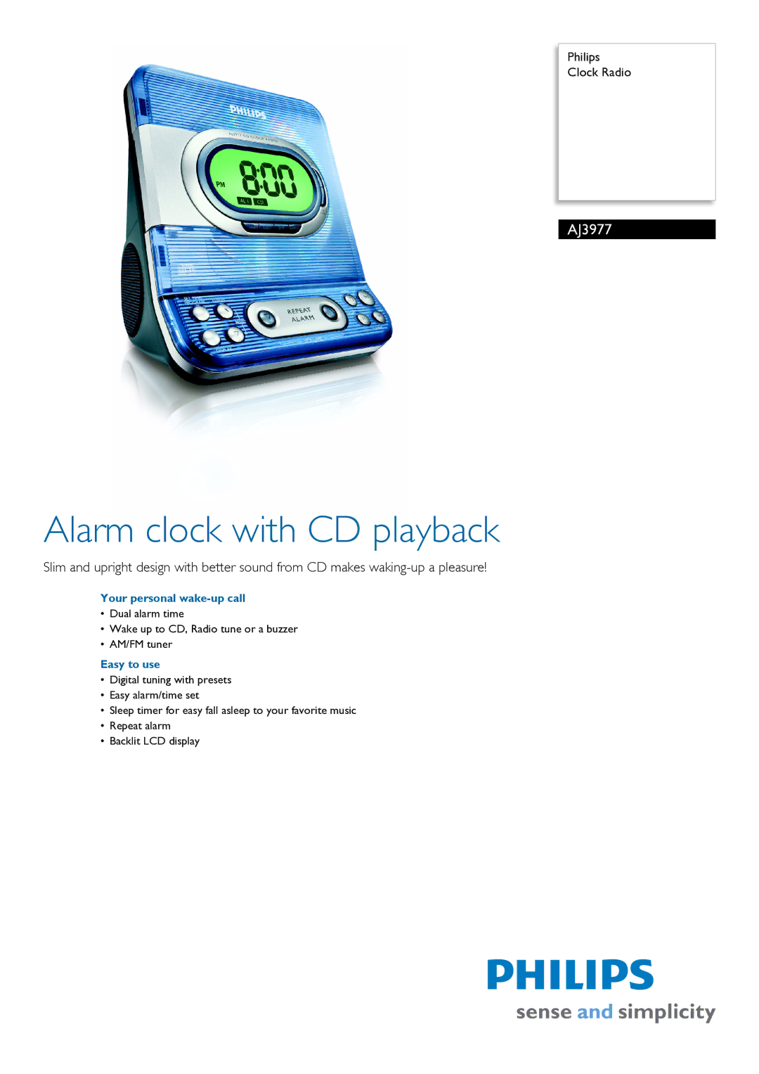 Philips AJ3977/37 manual Your personal wake-up call, Easy to use 