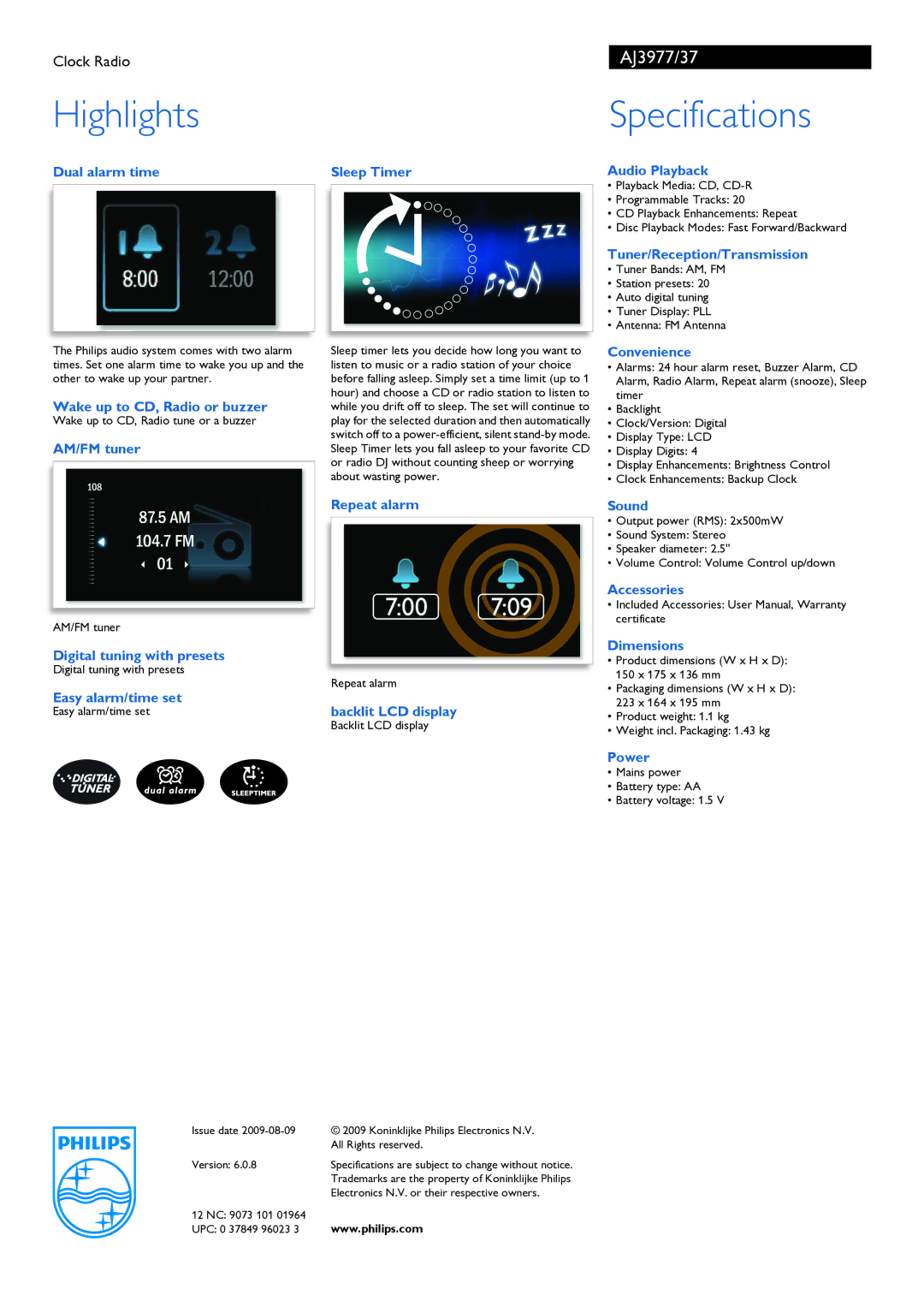 Philips AJ3977/37 Dual alarm time, Wake up to CD, Radio or buzzer, AM/FM tuner Sleep Timer, Audio Playback, Convenience 