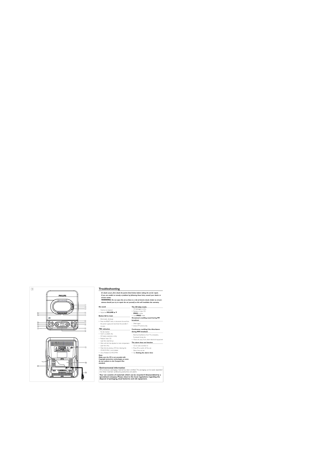 Philips AJ3977CD warranty Troubleshooting, Environmental information 