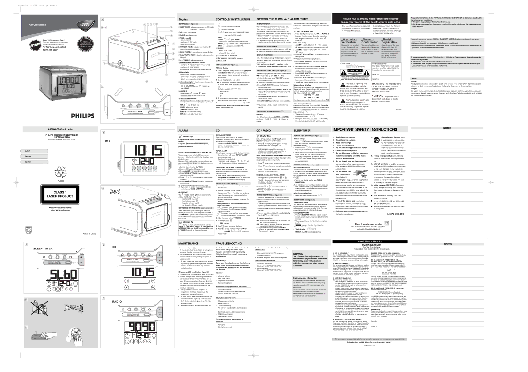 Philips AJ3980 important safety instructions English Français Español, Controls see figure, Power cord, Canada, Broadcast 