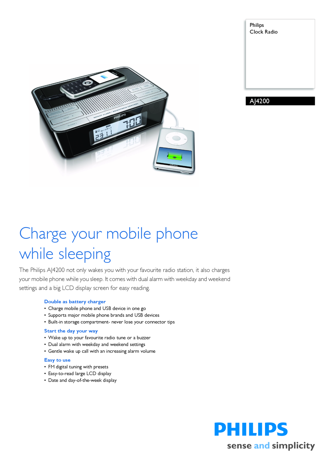 Philips AJ4200/05 manual Charge your mobile phone while sleeping 