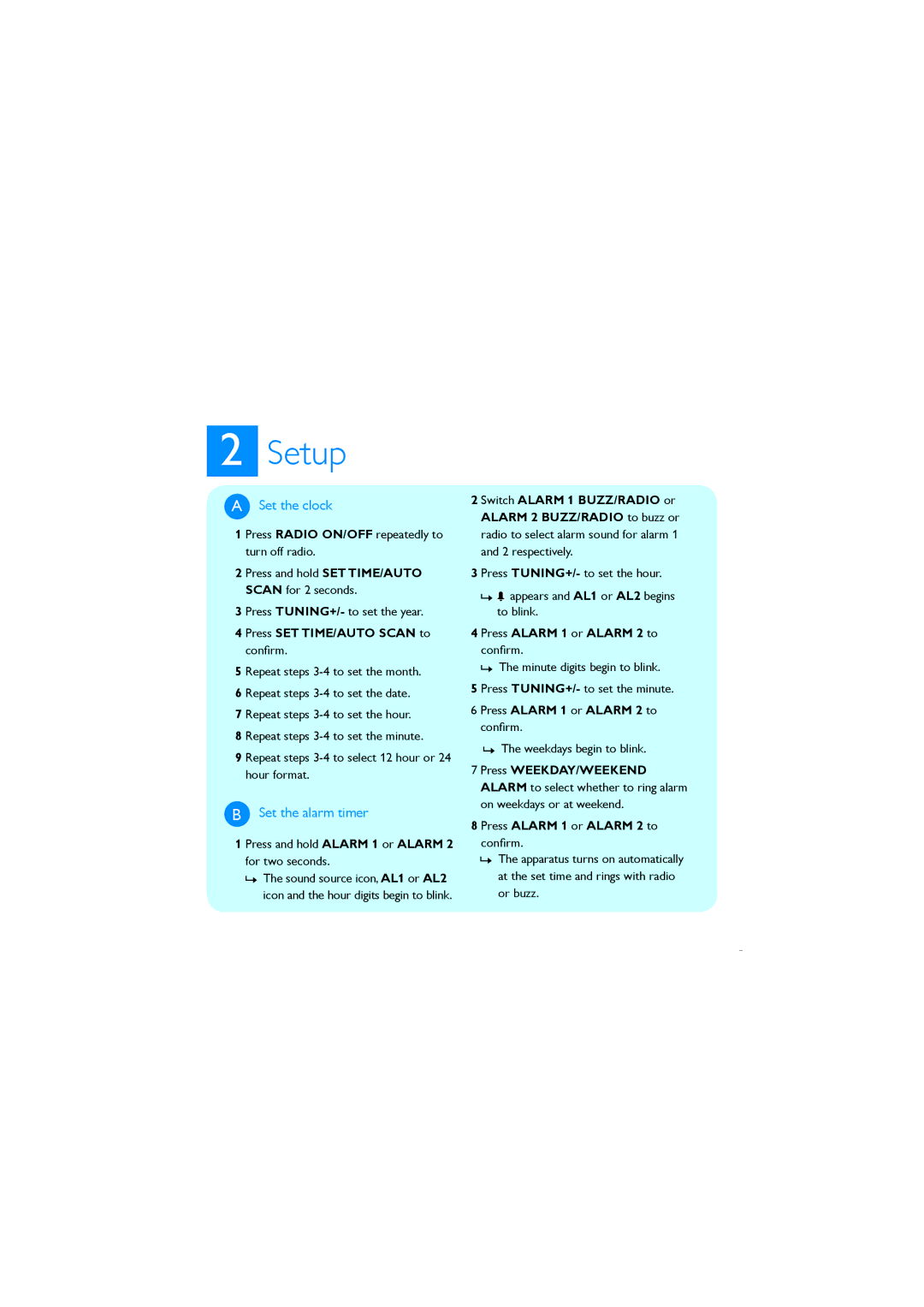 Philips AJ4200/12 specifications Setup, Set the clock, Set the alarm timer, Press SETTIME/AUTO Scan to conﬁrm 