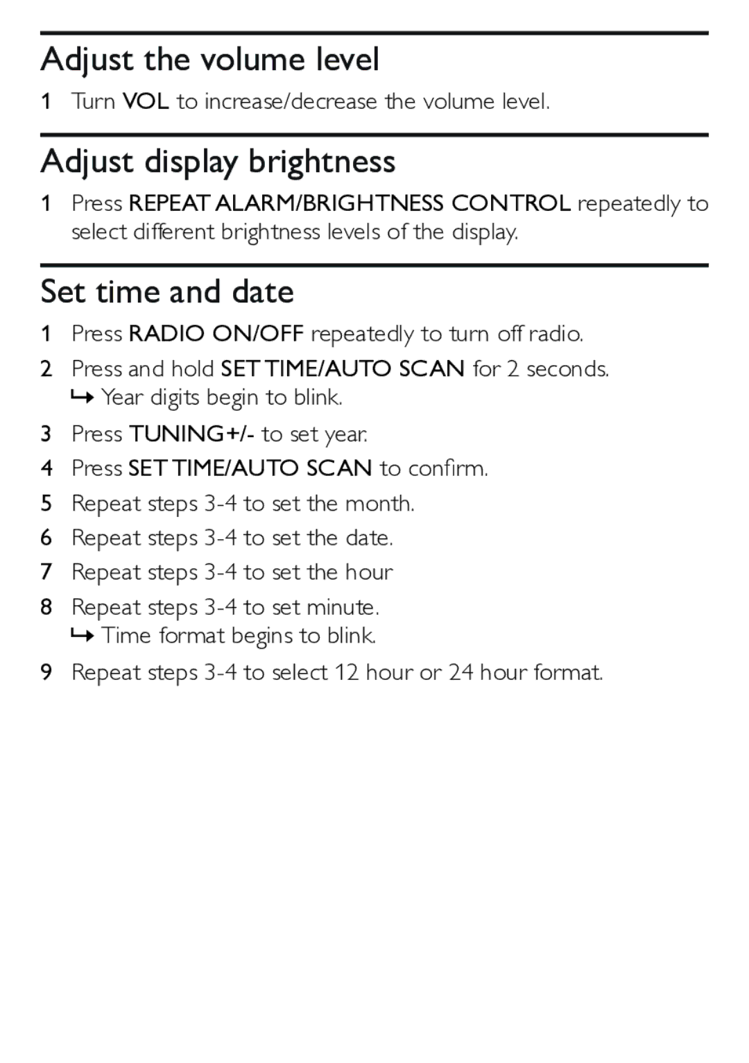 Philips AJ4200/79 user manual Adjust the volume level, Adjust display brightness, Set time and date 