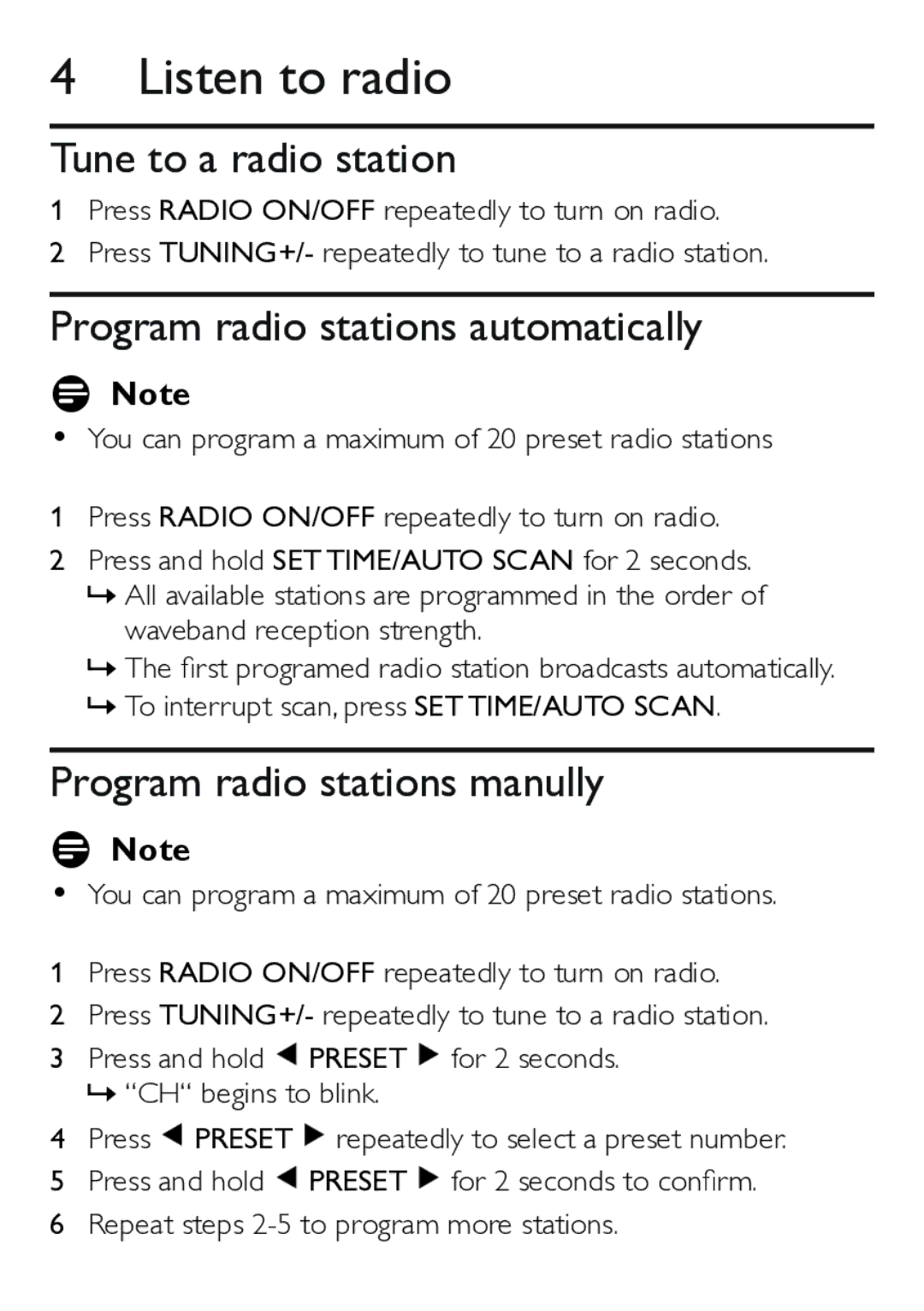 Philips AJ4200/79 user manual Listen to radio, Tune to a radio station, Program radio stations automatically 