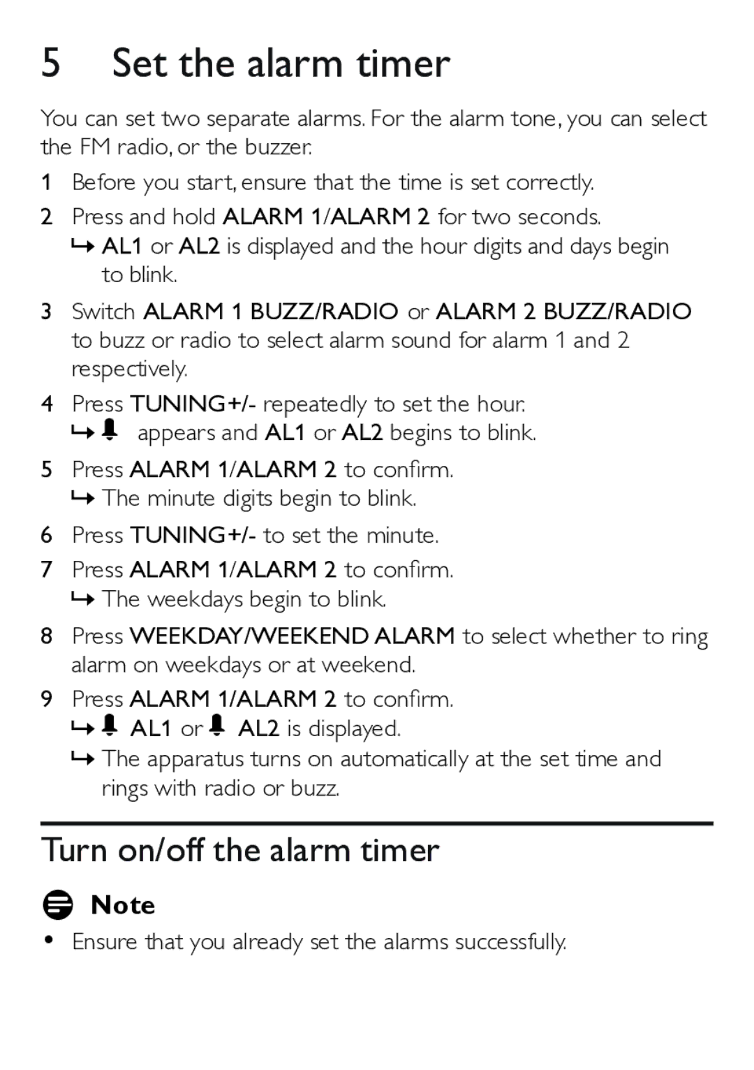 Philips AJ4200/79 user manual Set the alarm timer, Turn on/off the alarm timer 