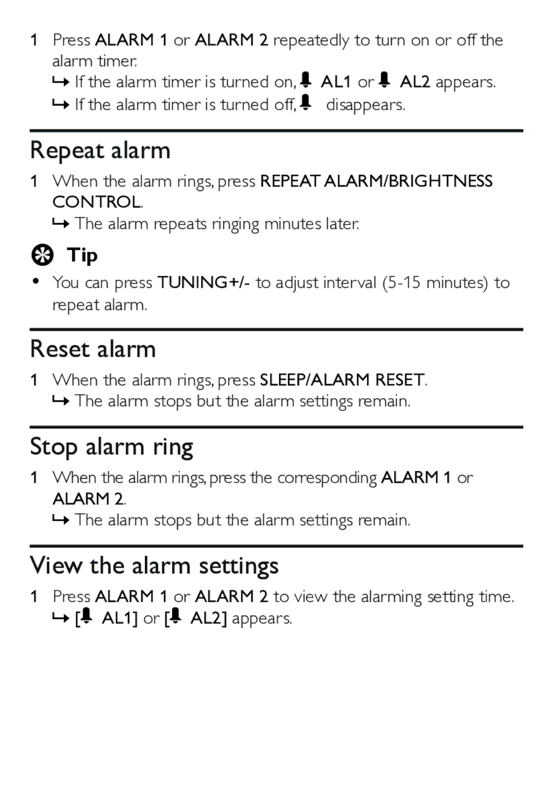 Philips AJ4200/79 user manual Repeat alarm, Reset alarm, Stop alarm ring, View the alarm settings 