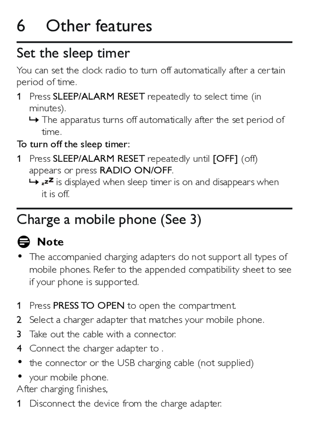 Philips AJ4200/79 user manual Other features, Set the sleep timer, Charge a mobile phone See 