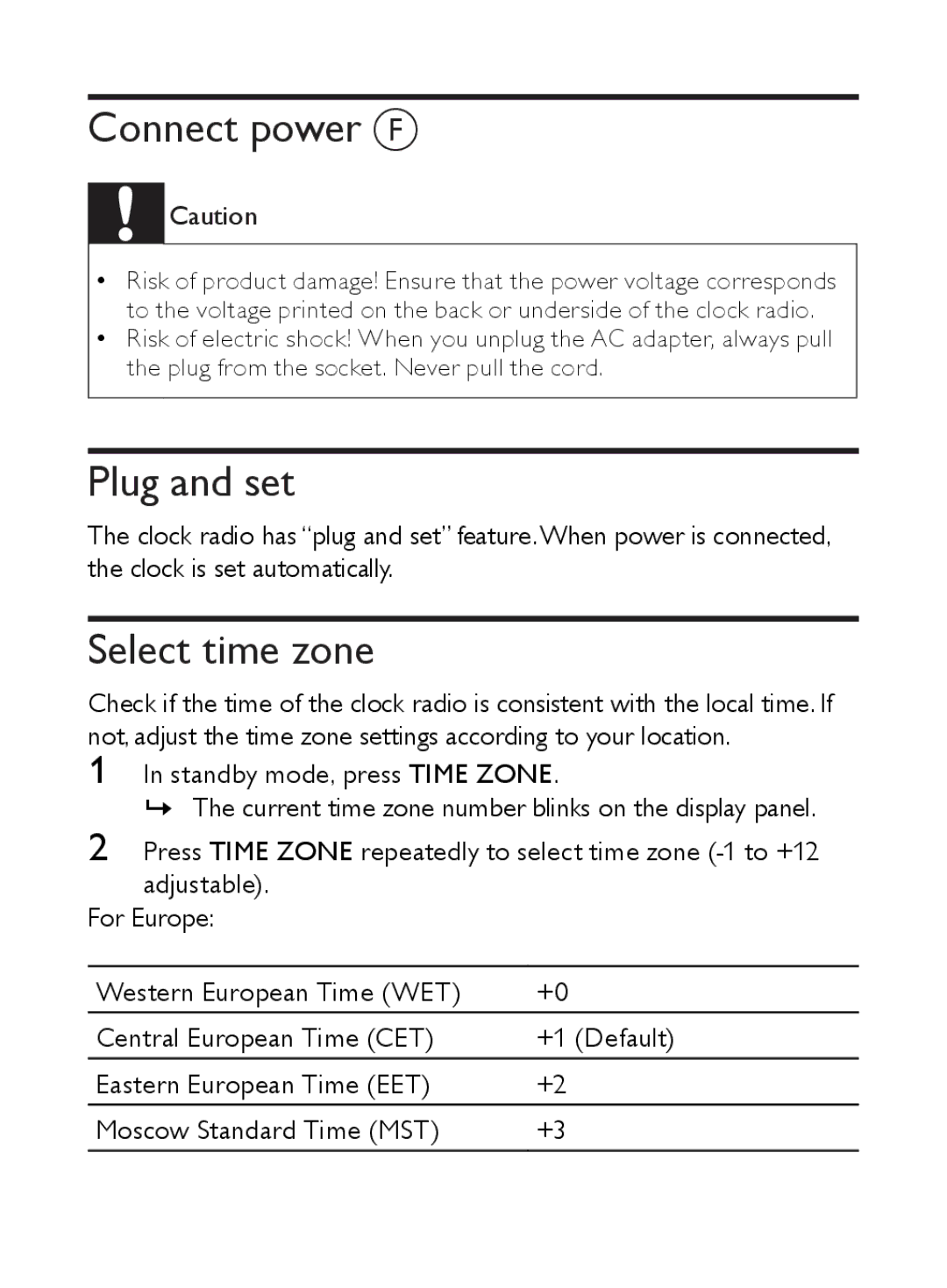 Philips AJ5000 user manual Connect power F, Plug and set, Select time zone 