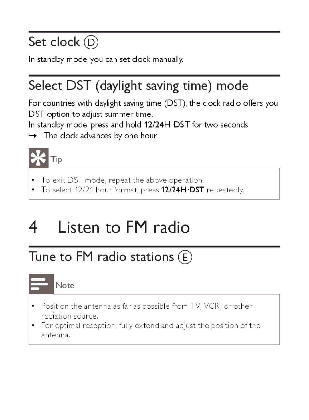 Philips AJ5000 Listen to FM radio, Set clock D, Select DST daylight saving time mode, Tune to FM radio stations E 